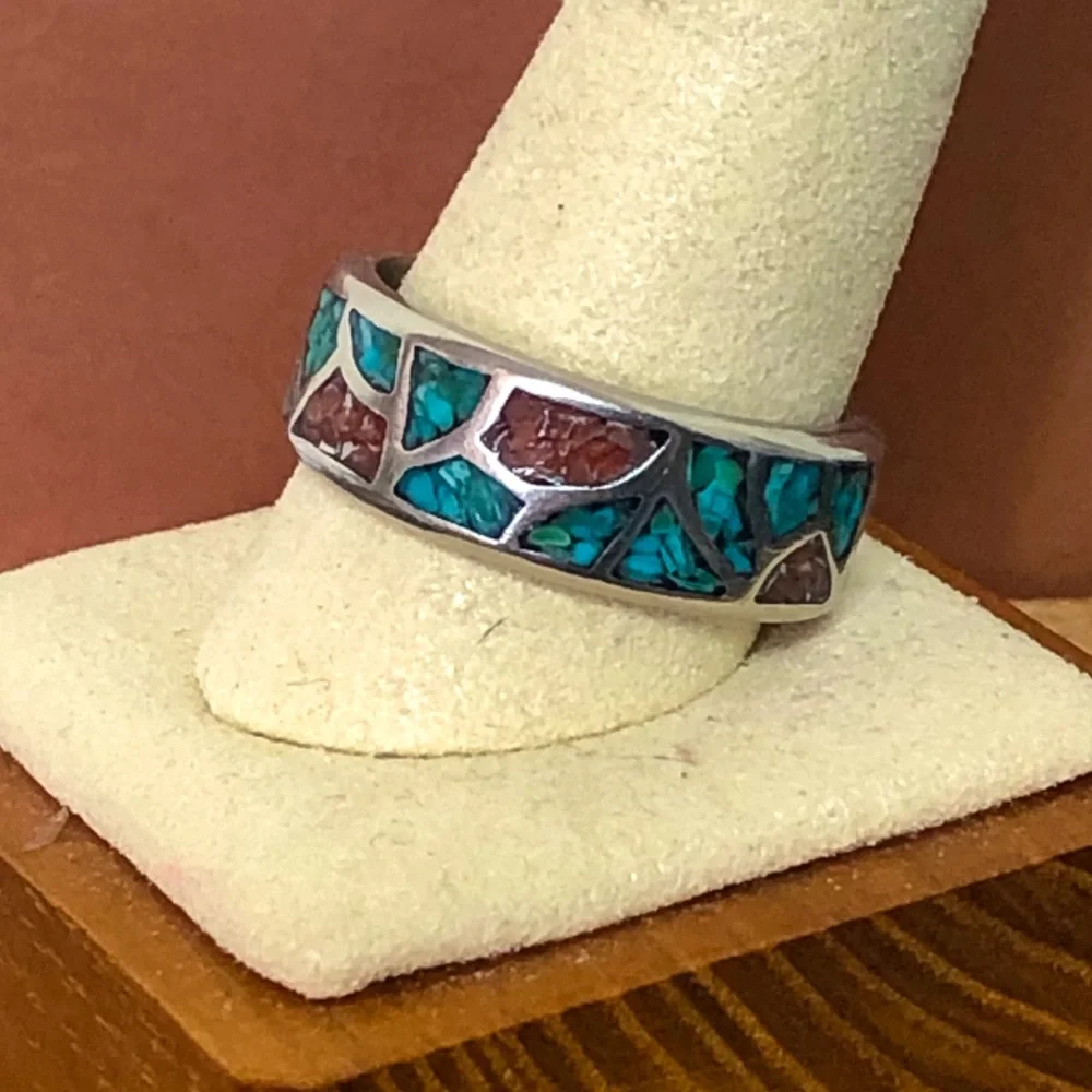 Southwest Native Sterling Silver Crushed Turquoise Coral Mosaic Ring Sz 12-1/2 - Picture 1 of 17